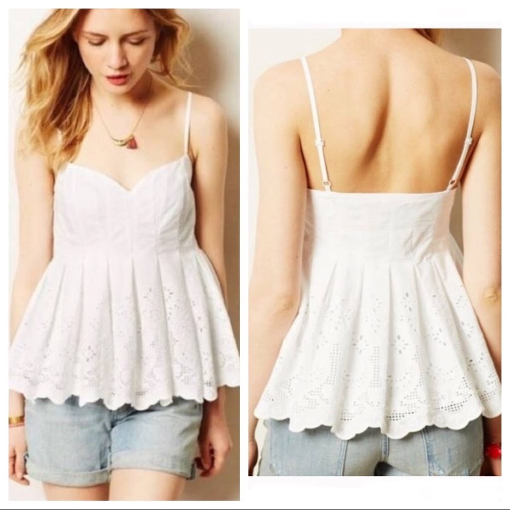 HD in Paris Anthropologie white cutout eyelet peplum top size 8 scalloped trim